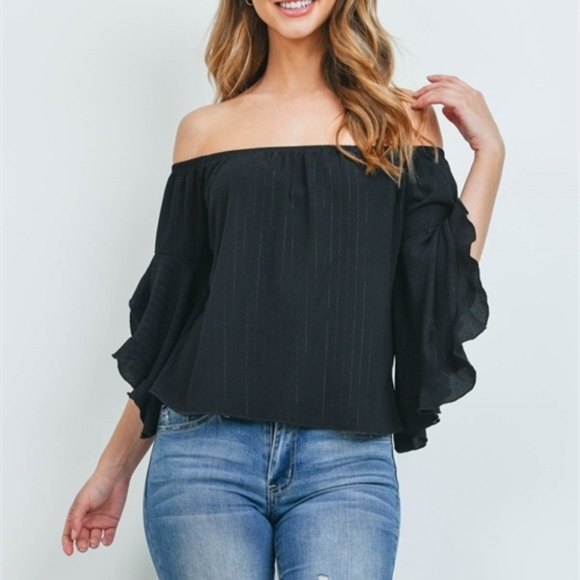 Modern Edge Bouti Tops - NWT Black Off Shoulder Ruffled Split Bell Sleeve